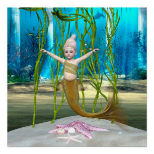 Poster Petite Sirène Fantaisie Fille, Océan Bleu