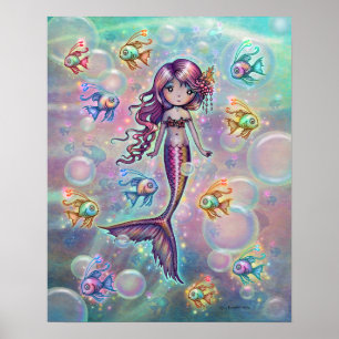 Poster Petite sirène rose avec du poisson et des bulles I