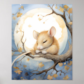 Poster Petite souris couchée avec la lune