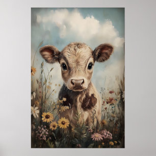 Poster Petite vache fleurs sauvages impression, Pâques fe