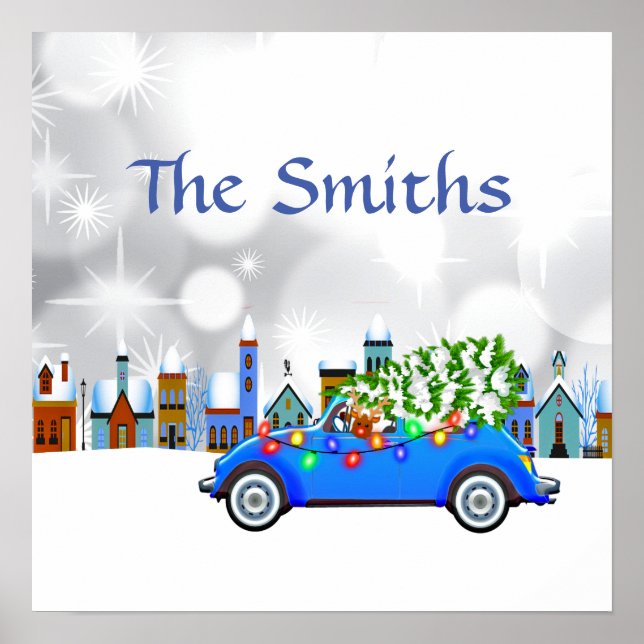 Poster Petite voiture bleue et arbre Noël personnalisé (Devant)