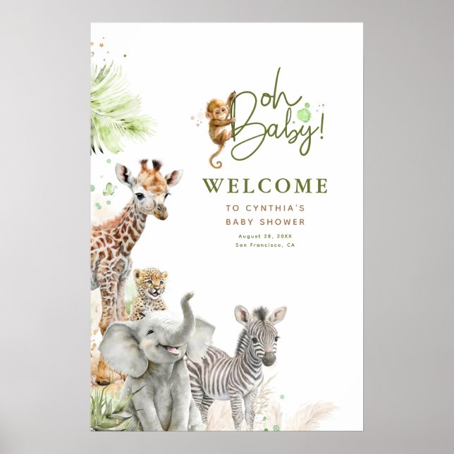Poster Petits animaux Safari Jungle Baby shower Bienvenue (Devant)