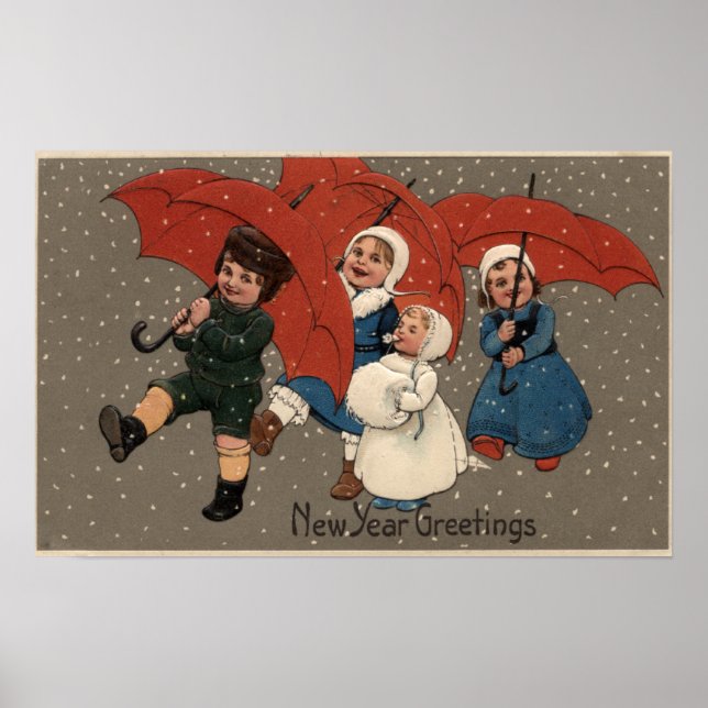 Poster Petits enfants avec parapluies (Devant)