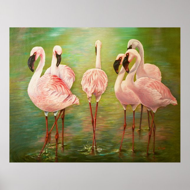 Poster Petits flamants roses peindre art (Devant)