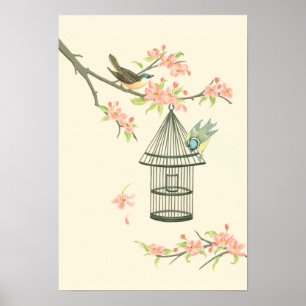 Poster Petits oiseaux perchés sur une branche et sur une 
