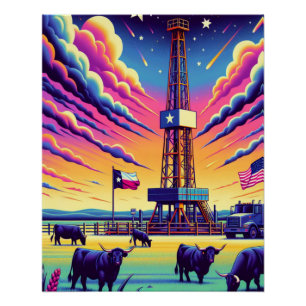 Poster Pétrole Gaz Dragage Scène Bétail Et Drapeaux