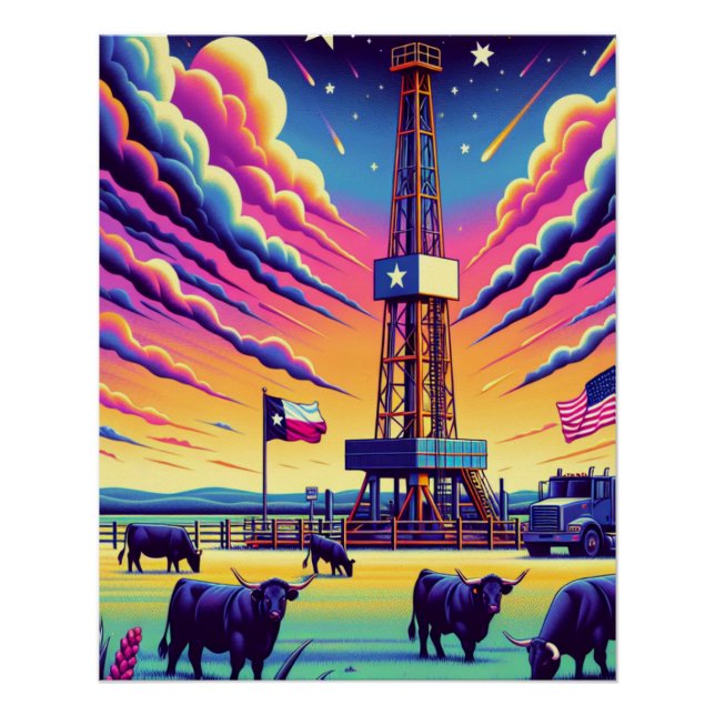Poster Pétrole Gaz Dragage Scène Bétail Et Drapeaux (Devant)