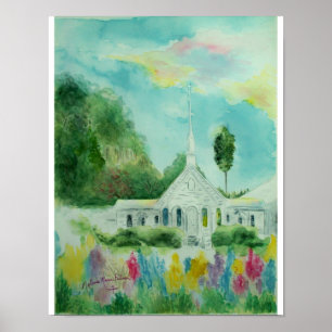 Poster Peu d'affiche blanche d'aquarelle d'église de pays