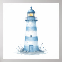 Phare à l'aquarelle bleue et blanche