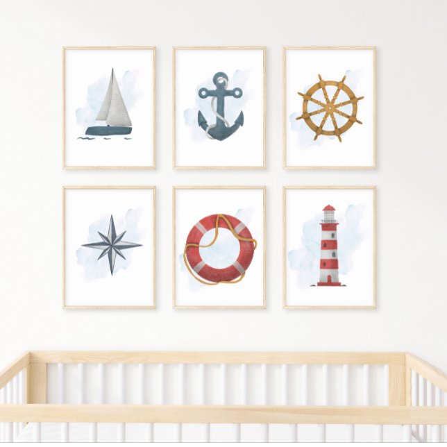 Poster Phare à thème nautique océanique Rouge Blanc Bleu (Créateur téléchargé)