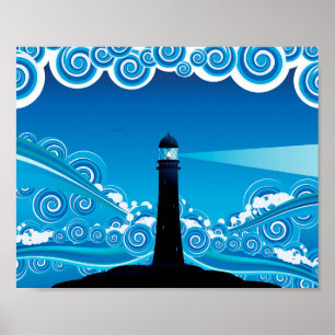 Poster Phare Art nouveau dans la mer