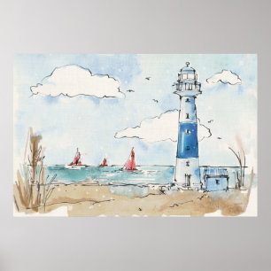 Poster Phare bleu et blanc
