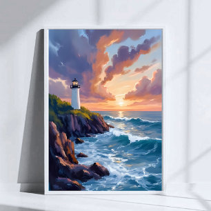 Poster Phare côtier au coucher du soleil Peinture de pl