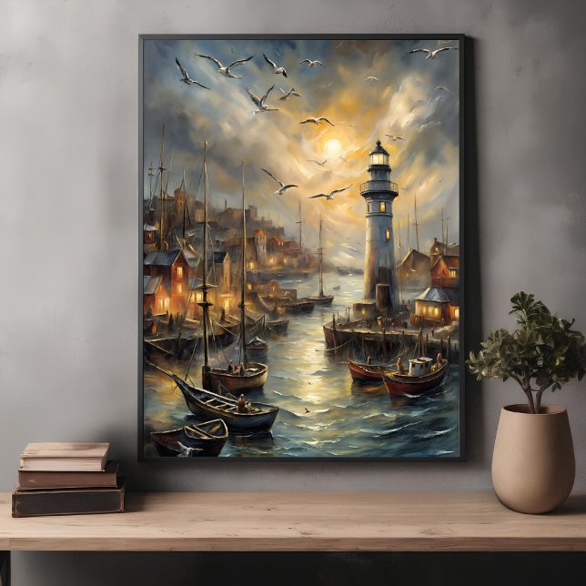 Poster Phare côtier et village balnéaire Sunset Art (Créateur téléchargé)