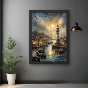 Poster Phare côtier et village balnéaire Sunset Art
