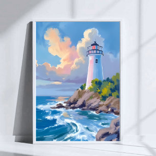 Poster Phare côtier Mer aux vagues de l'océan bleu