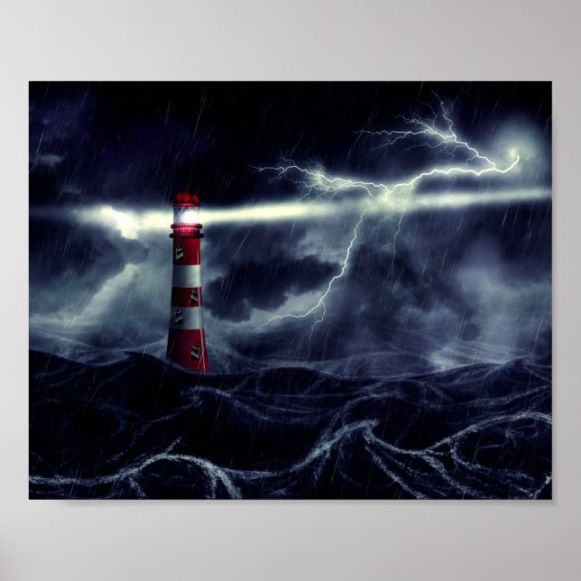 Poster Phare dans la mer orageuse illustration numérique (Devant)