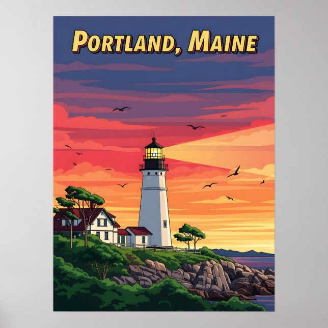 Poster Phare de Portland Maine au coucher du soleil (Devant)