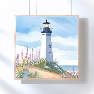 Poster Phare en fleurs   Fleur floral aquarelle côtière