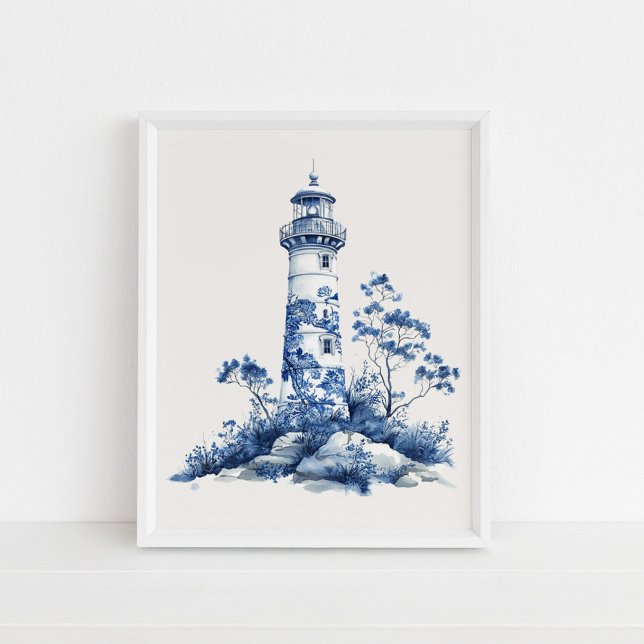 Poster Phare Floral - Bleu côtier sur Mur beige Art (Floral Lighthouse – Coastal Blue on Beige Wall Art in a white frame on the floor)