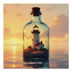 Poster Phare mignon de fantaisie dans une bouteille