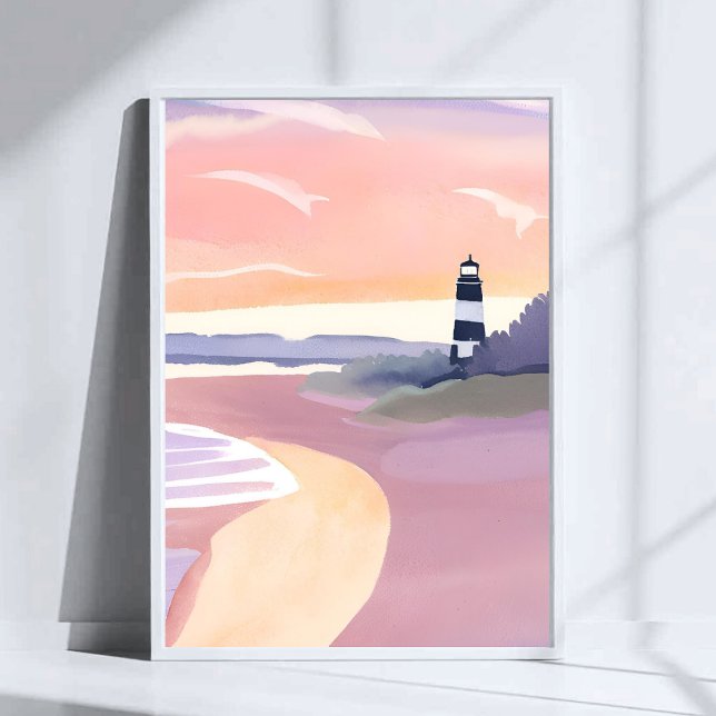 Poster Phare pastel | Aquarelle de rivage de plage côtièr (Créateur téléchargé)