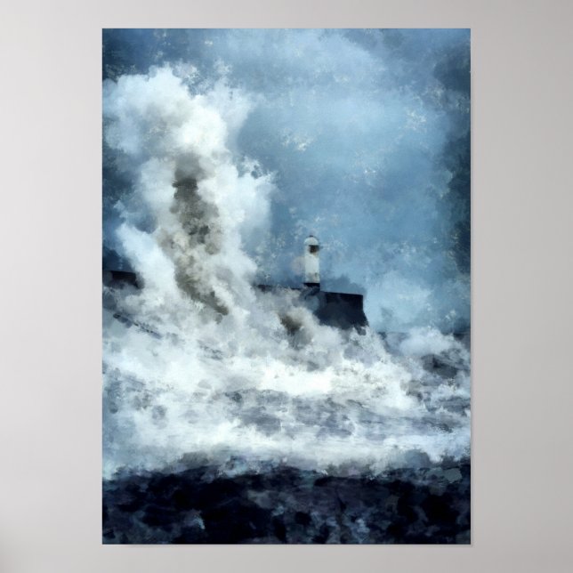 Poster Phare perdu dans un paysage marin en déferlement A (Devant)