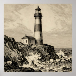 Poster Phare rayé vintage côte orageuse