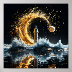 Poster 🌙 Phare sous la lune dorée Nuit côtière