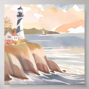 Poster Phare sur la Côte   Océan Aquarelle