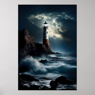 Poster Phare sur la falaise rocheuse avec des vagues qui 