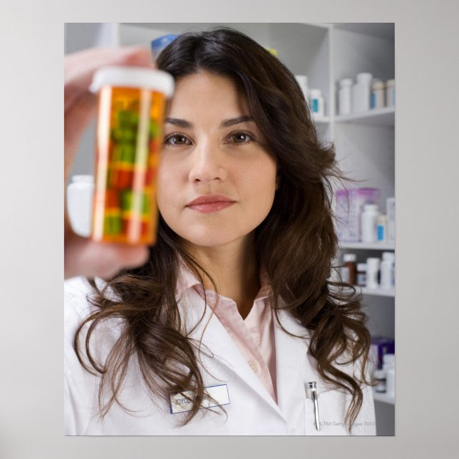 Poster Pharmacie tenant une bouteille de pilule (Devant)