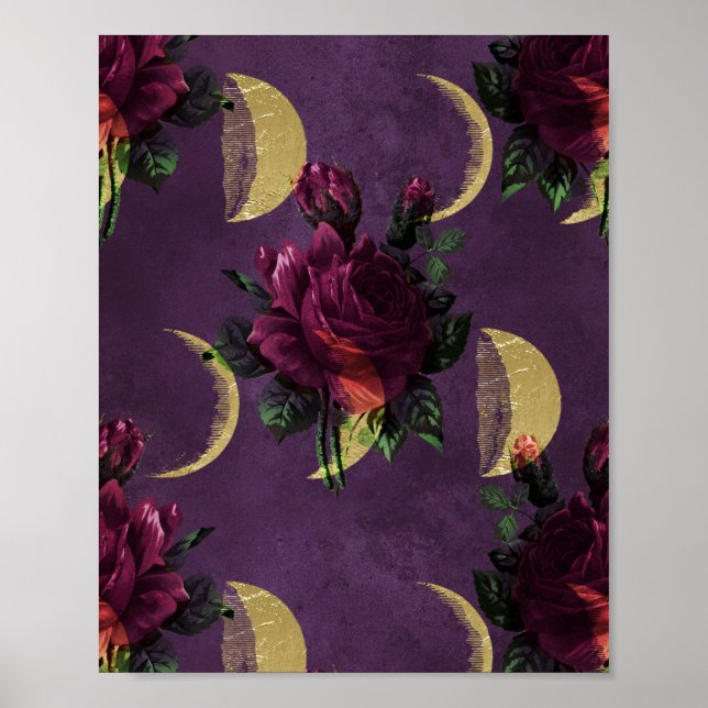 Poster Phases de la lune et Roses pourpres | Magnifique N (Devant)