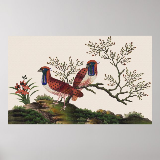 Poster Phéasants d'or chinois Élégant Paire Romantique Po (Devant)