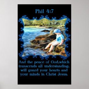 Poster Phil 4:7 Enfant garçon pêche dans la rivière.