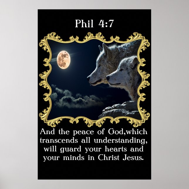 Poster Phil 4:7 Loups regardant la pleine lune. (Devant)