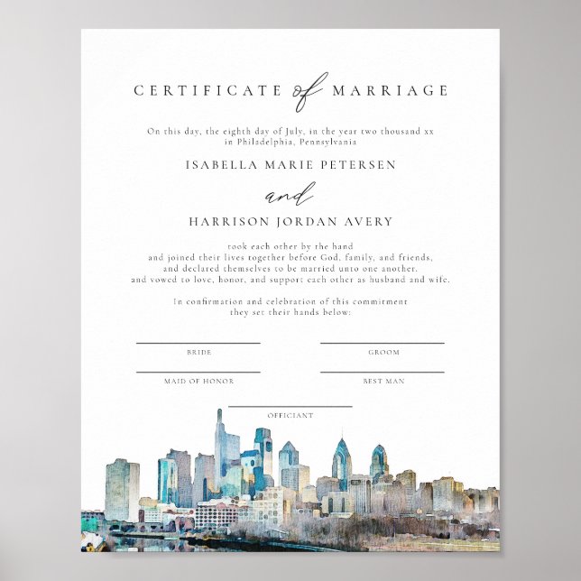 Poster PHILADELPHIA Skyline Certificat de mariage Garder (Devant)
