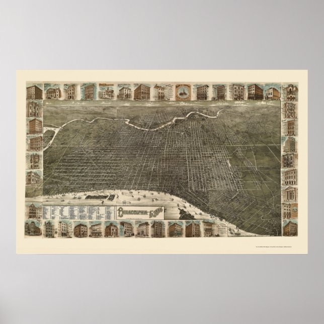 Poster Philadelphie, PA Carte panoramique - 1886 (Devant)