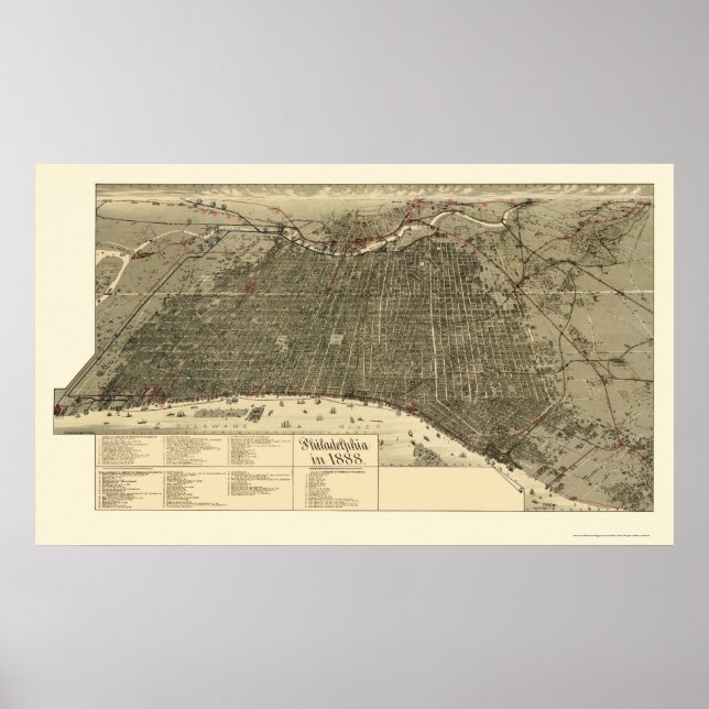 Poster Philadelphie, PA Carte panoramique - 1888 (Devant)