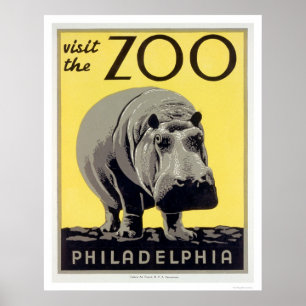 Poster Philadelphie PA Zoo Hippo 1936 WPA
