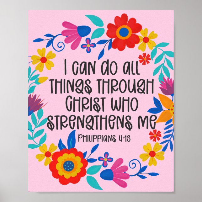 Poster Philippiens 4:13 Bible Écriture Folk Art Floral (Devant)