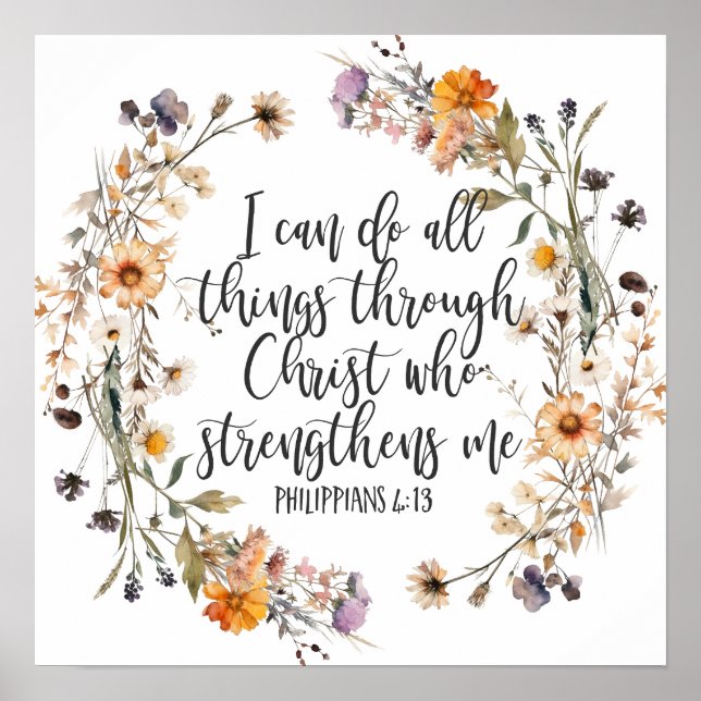 Poster Philippiens 4:13 Bible Scripture Verse Floral Boho (Devant)