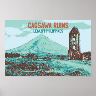 Poster Philippines, ruines de Cagsawa, Legazpi, volcan Ma