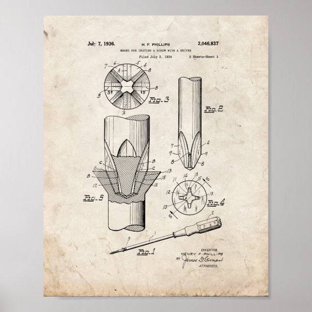 Poster Phillips tête tournevis brevet - Vieux look (Devant)