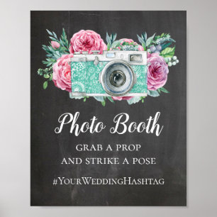 Poster Photo booth chalkboard wedding sign. Gray hashtag