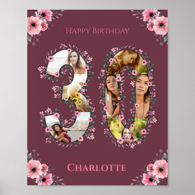 Poster Photo Collage 30e anniversaire fille rose Fleur fe (Devant)