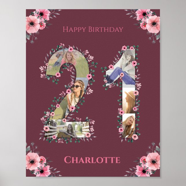 Poster Photo Collage Big 21st Birthday Rose Flower Woman (Devant)