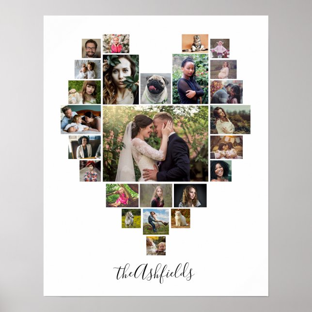 Poster Photo de famille Collage Coeur 25 Photos Nom Blanc (Devant)