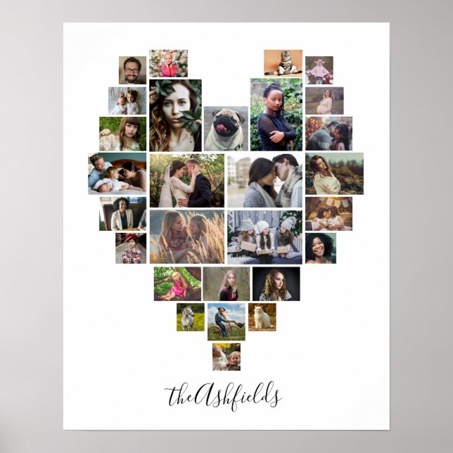 Poster Photo de famille Collage Coeur 28 Photos Nom Blanc (Devant)