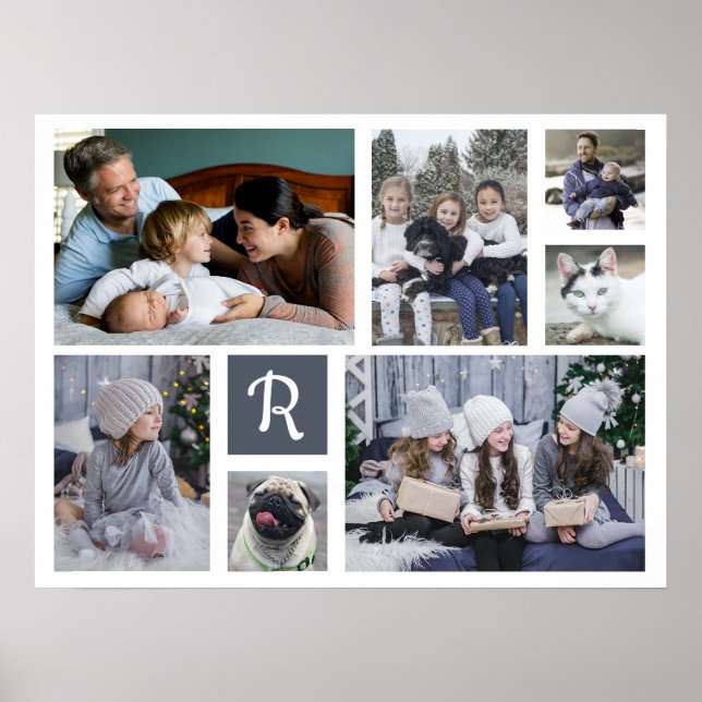 Poster Photo de famille Collage Monogrammé 7 Photos Blanc (Devant)